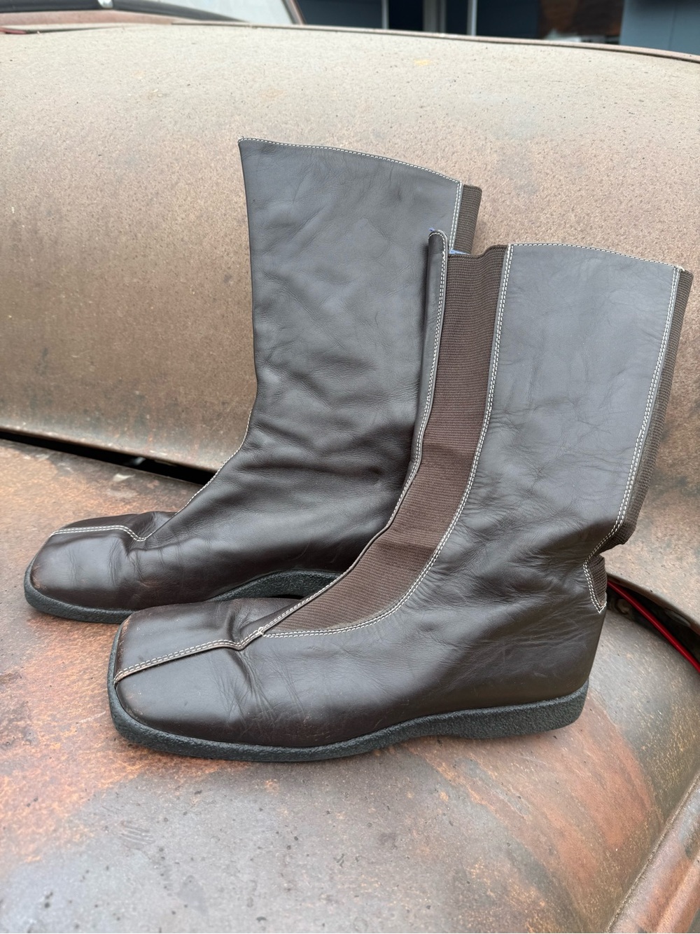 Donald J Pliner Vintage Brown Leather Square Toe Mid Calf Stretch Boots Sz 9